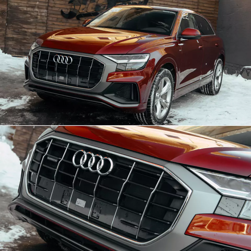 Месяц работы над новым Audi Q8, который 2 года простоял в Дубае! Оклейка в цветной полиуретан с проемами, окрас дисков и фирменный шиномонтаж, окрас суппортов в candy с лого, антихром, детейлинг